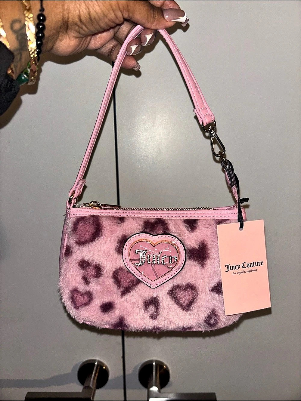 Juicy Couture Pink Leopard Faux Fur Heart Rhinestone Shoulder Bag Mini Bag